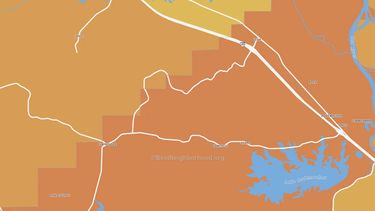 Map of the best neighborhoods in the 71447 area, with better matches in green and worse matches in red