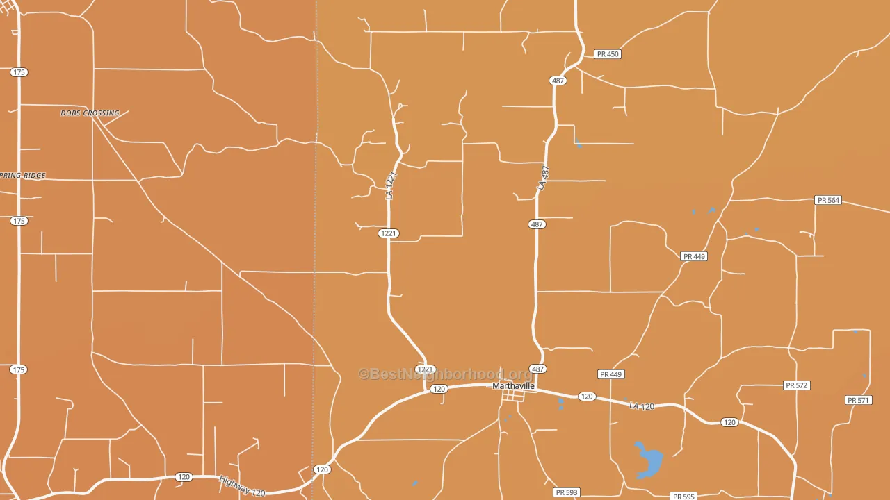 Map of the best neighborhoods in the 71450 area, with better matches in green and worse matches in red