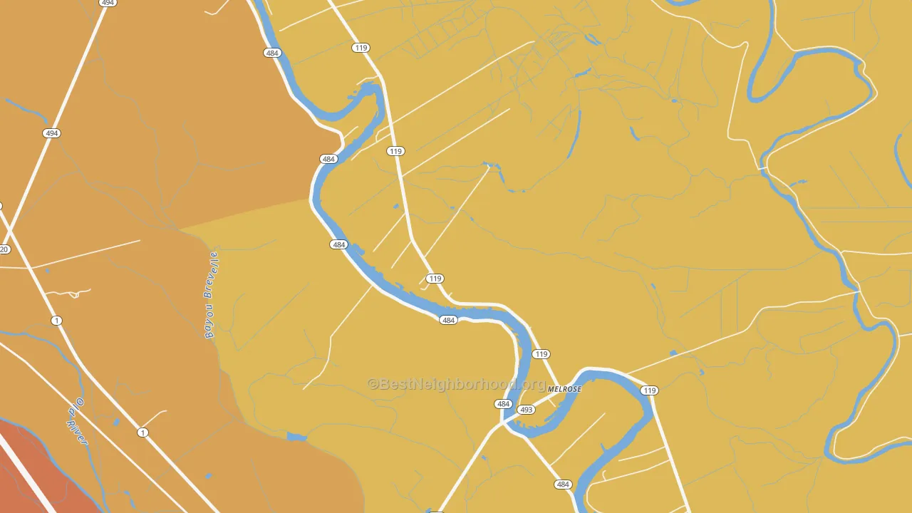 Map of the best neighborhoods in the 71452 area, with better matches in green and worse matches in red