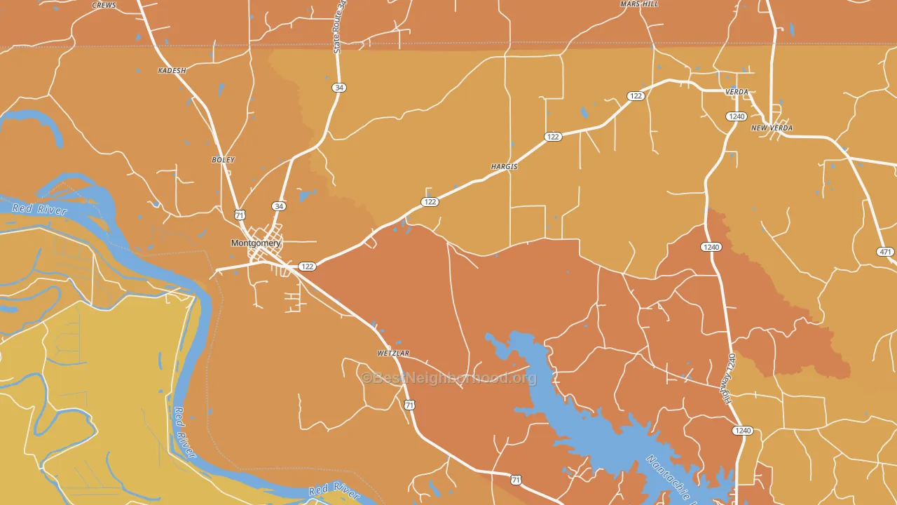 Map of the best neighborhoods in the 71454 area, with better matches in green and worse matches in red