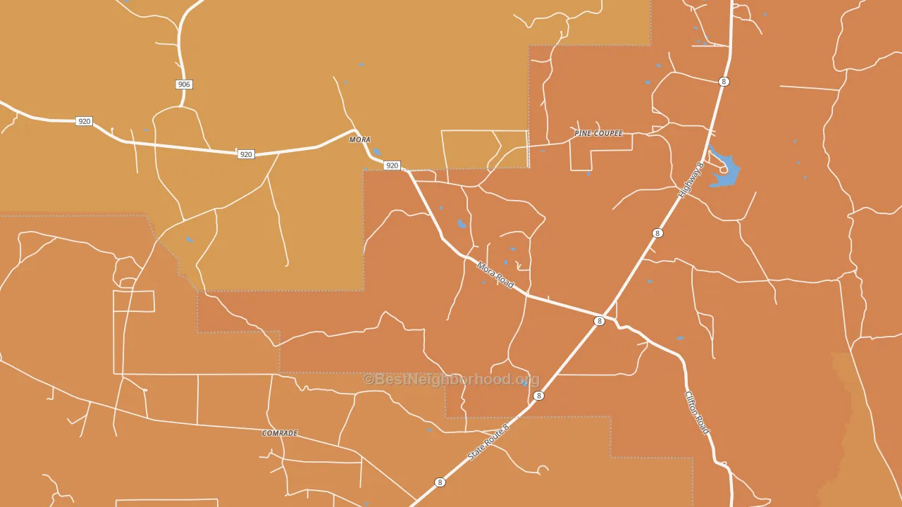 Map of the best neighborhoods in the 71455 area, with better matches in green and worse matches in red