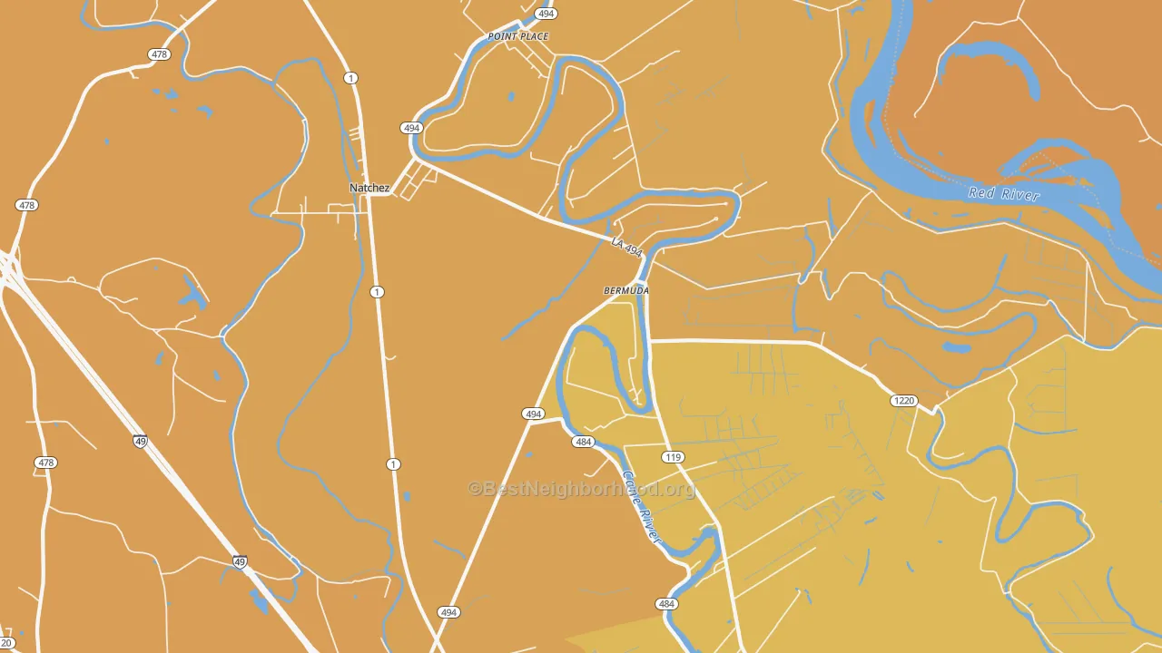 Map of the best neighborhoods in the 71456 area, with better matches in green and worse matches in red