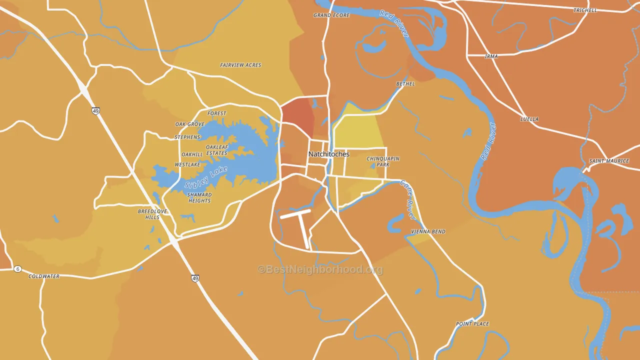 Map of the best neighborhoods in the 71457 area, with better matches in green and worse matches in red