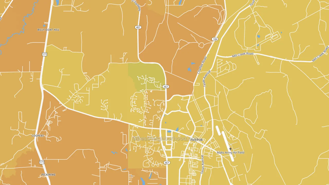 Map of the best neighborhoods in the 71459 area, with better matches in green and worse matches in red
