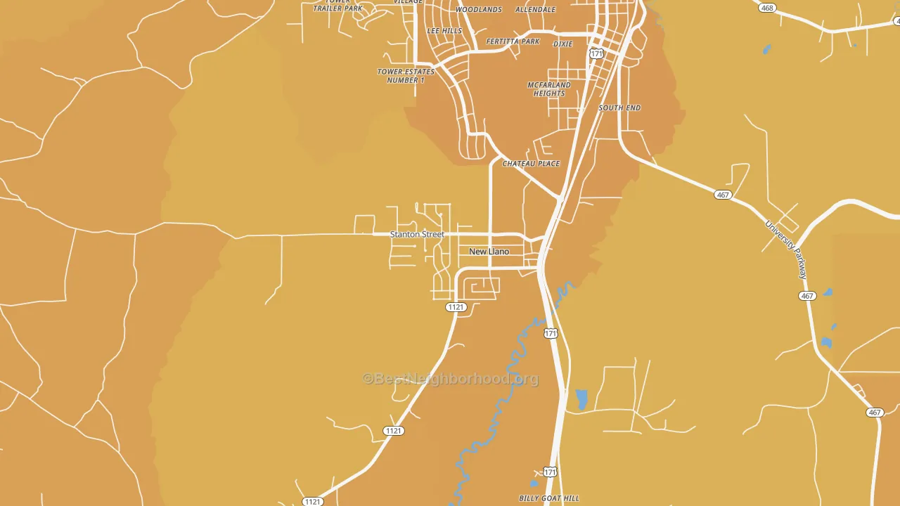 Map of the best neighborhoods in the 71461 area, with better matches in green and worse matches in red