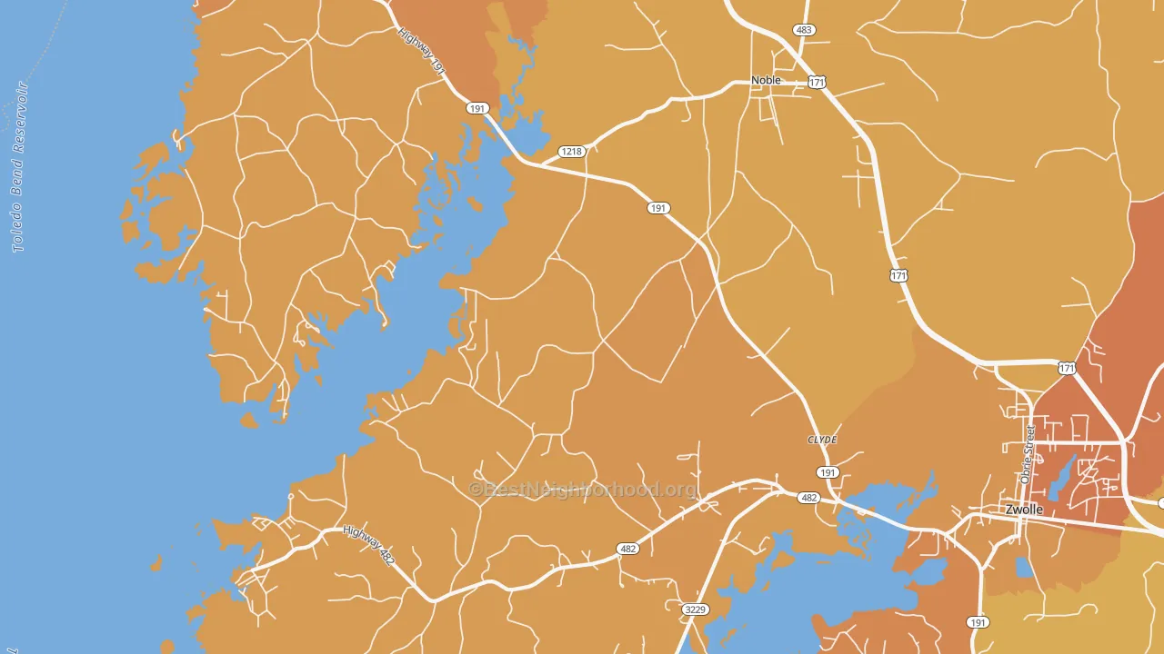 Map of the best neighborhoods in the 71462 area, with better matches in green and worse matches in red