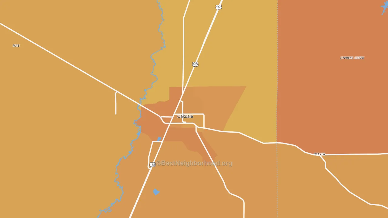 Map of the best neighborhoods in the 71463 area, with better matches in green and worse matches in red