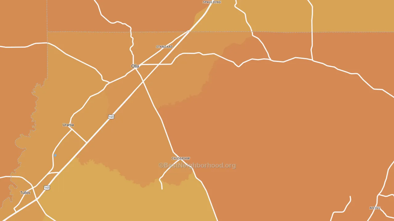Map of the best neighborhoods in the 71465 area, with better matches in green and worse matches in red