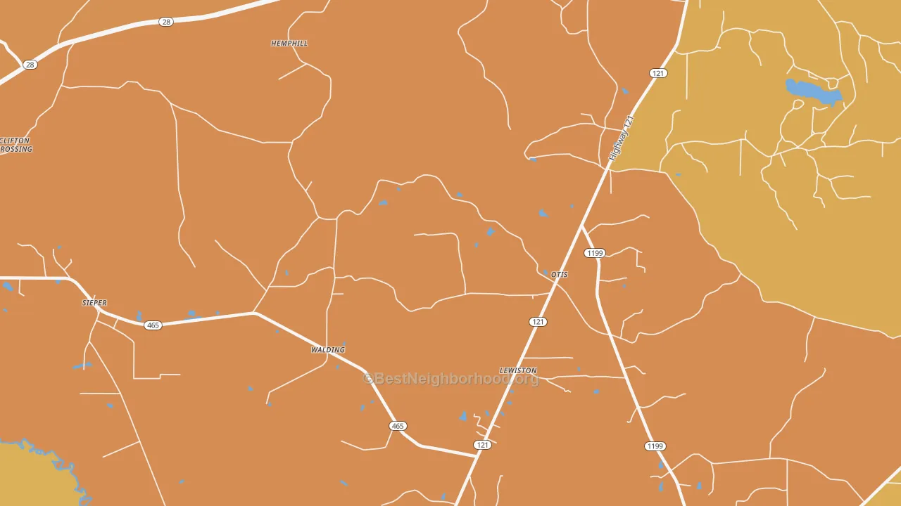 Map of the best neighborhoods in the 71466 area, with better matches in green and worse matches in red