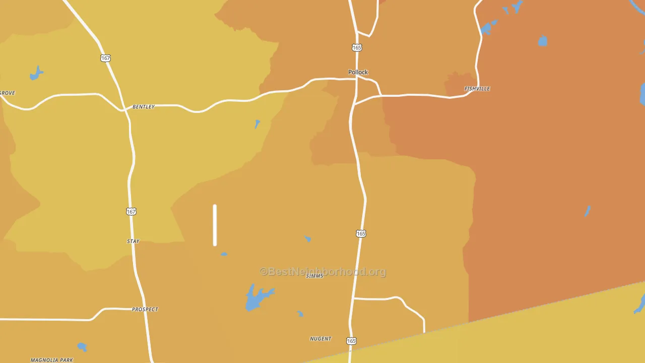 Map of the best neighborhoods in the 71467 area, with better matches in green and worse matches in red