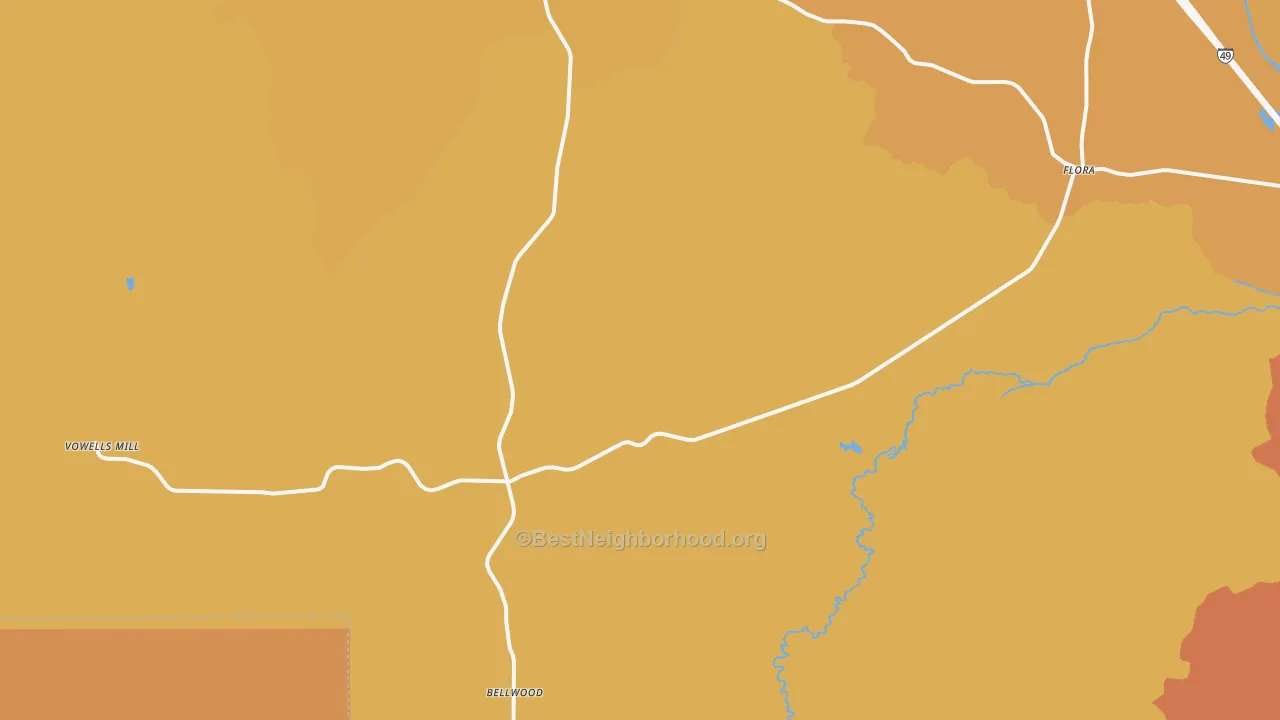Map of the best neighborhoods in the 71468 area, with better matches in green and worse matches in red