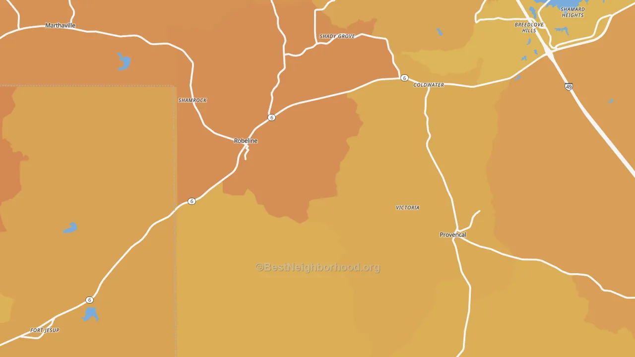 Map of the best neighborhoods in the 71469 area, with better matches in green and worse matches in red