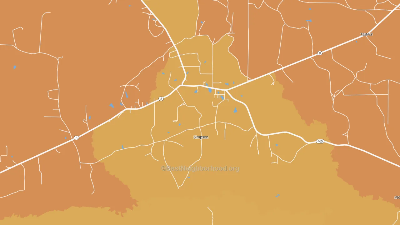 Map of the best neighborhoods in the 71474 area, with better matches in green and worse matches in red