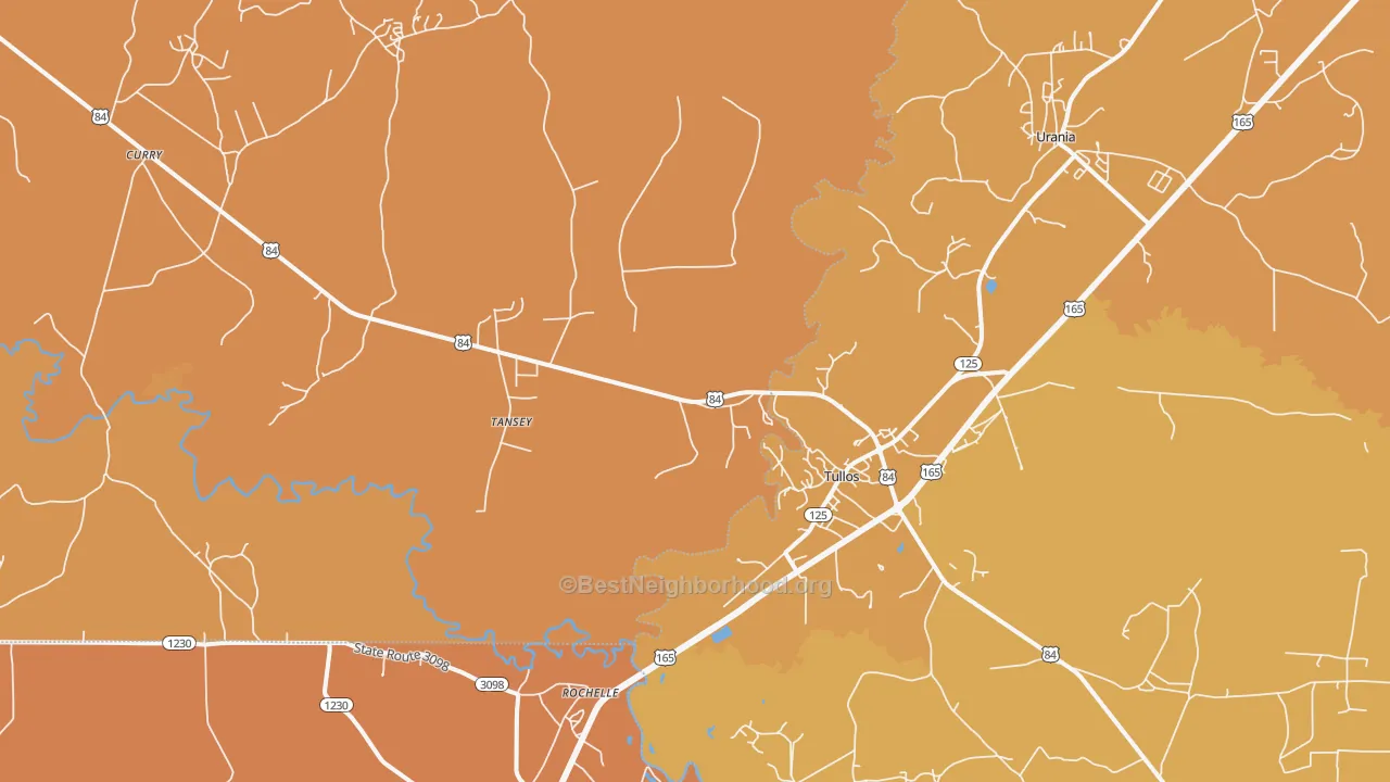 Map of the best neighborhoods in the 71479 area, with better matches in green and worse matches in red