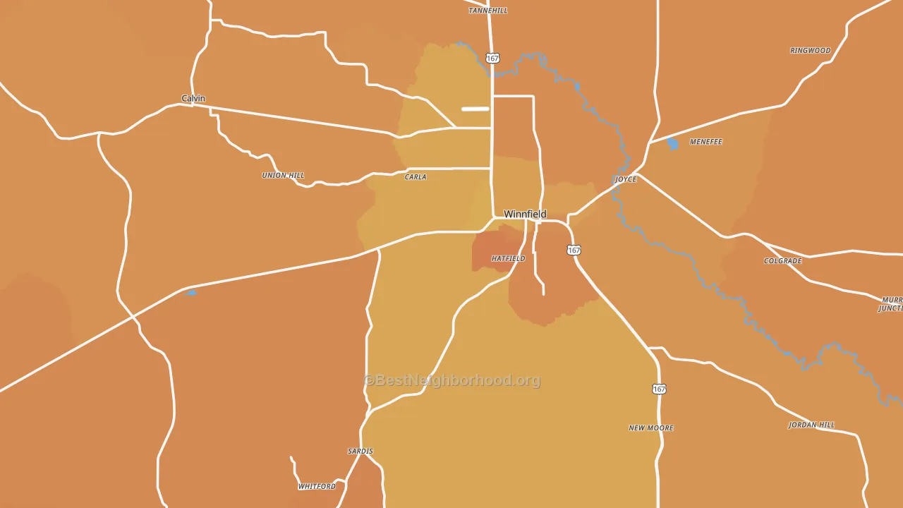 Map of the best neighborhoods in the 71483 area, with better matches in green and worse matches in red