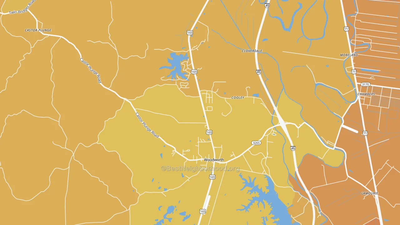 Map of the best neighborhoods in the 71485 area, with better matches in green and worse matches in red