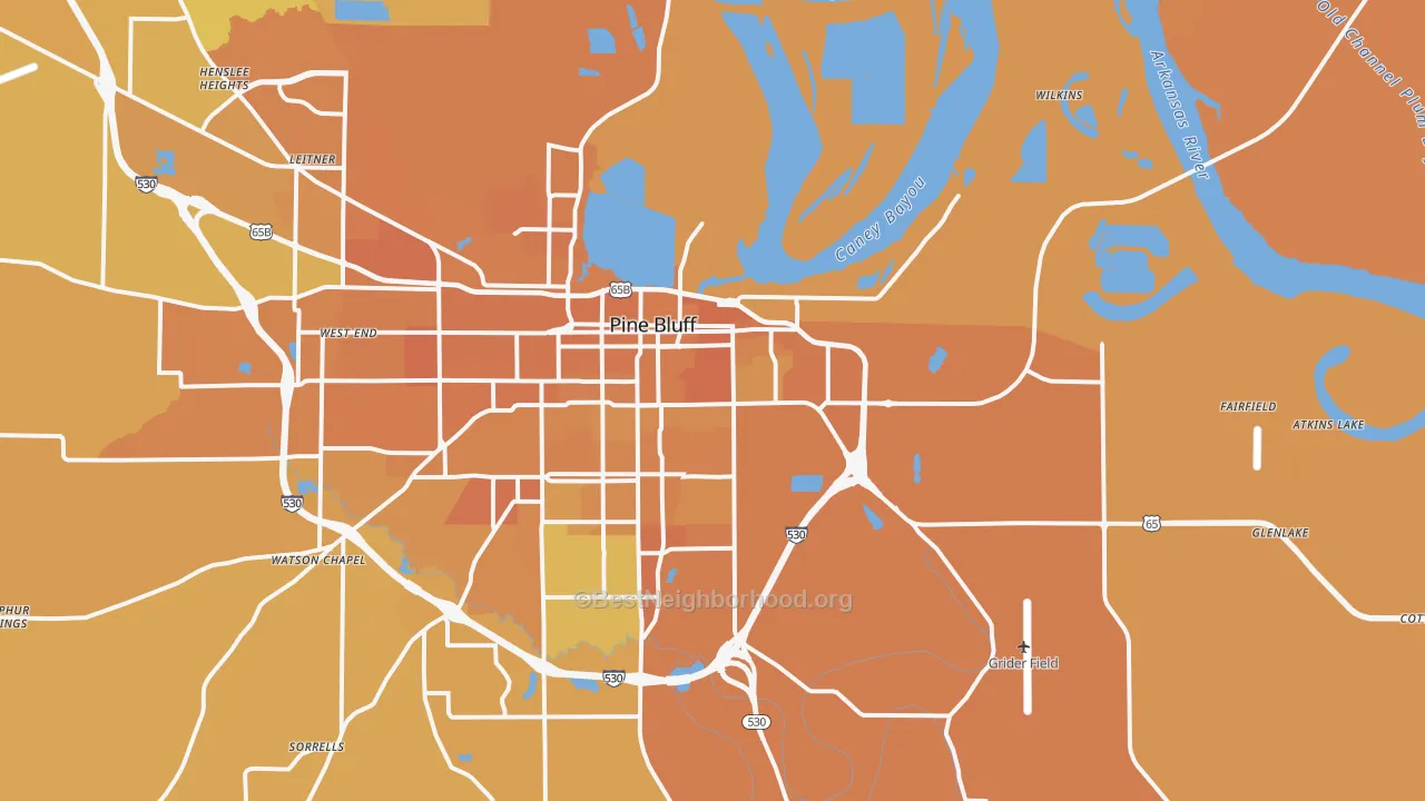 Map of the best neighborhoods in the 71601 area, with better matches in green and worse matches in red