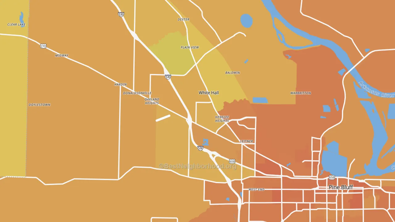 Map of the best neighborhoods in the 71602 area, with better matches in green and worse matches in red