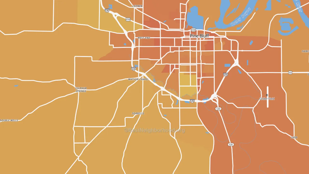 Map of the best neighborhoods in the 71603 area, with better matches in green and worse matches in red