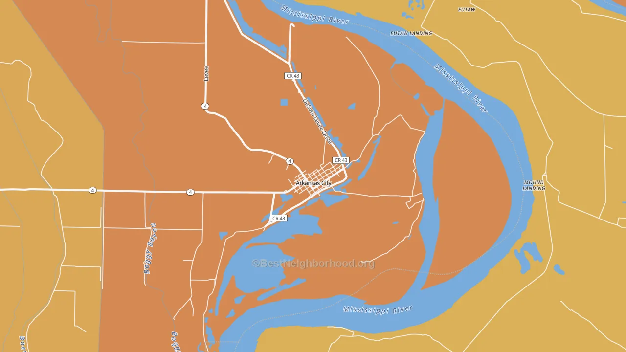 Map of the best neighborhoods in the 71630 area, with better matches in green and worse matches in red