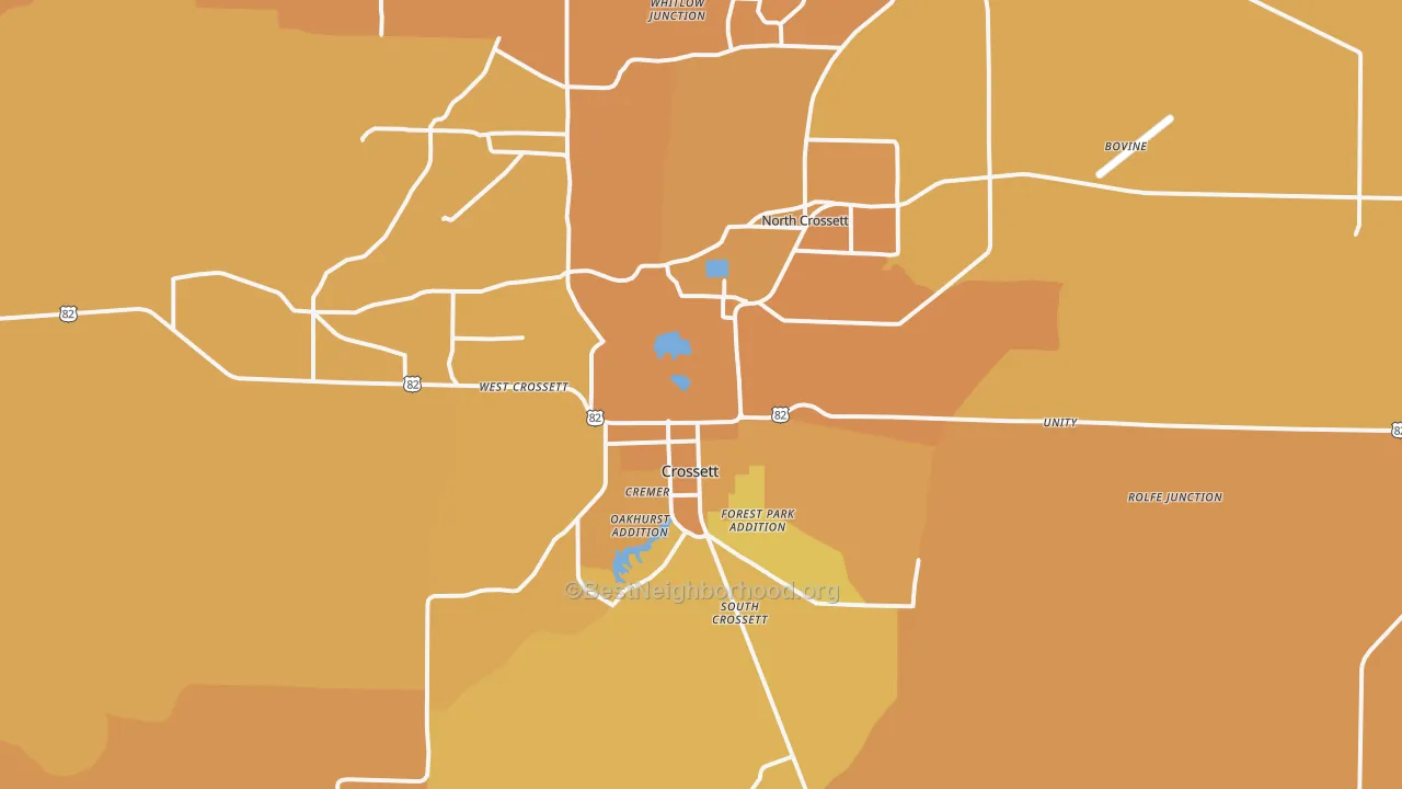 Map of the best neighborhoods in the 71635 area, with better matches in green and worse matches in red