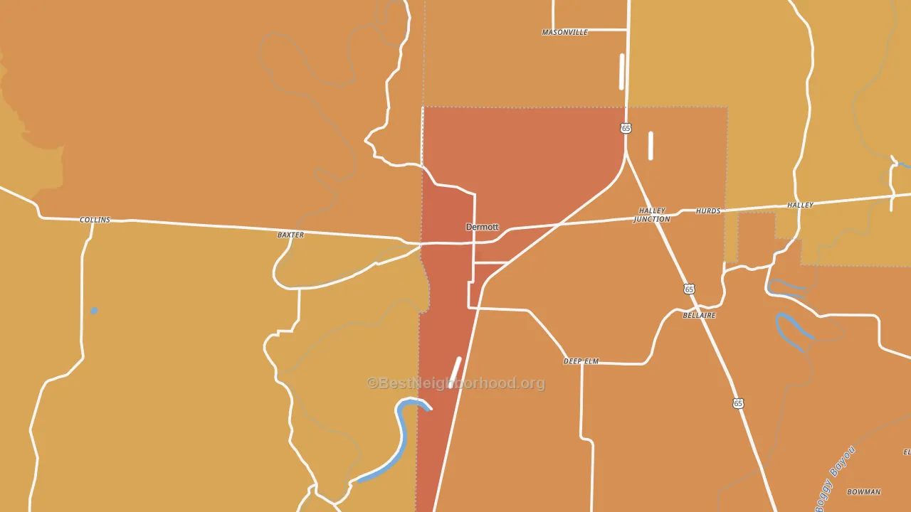 Map of the best neighborhoods in the 71638 area, with better matches in green and worse matches in red