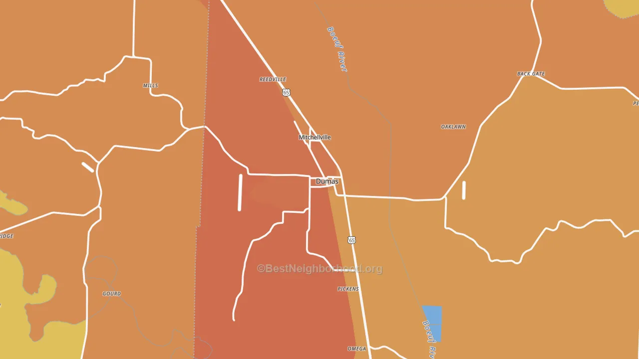 Map of the best neighborhoods in the 71639 area, with better matches in green and worse matches in red