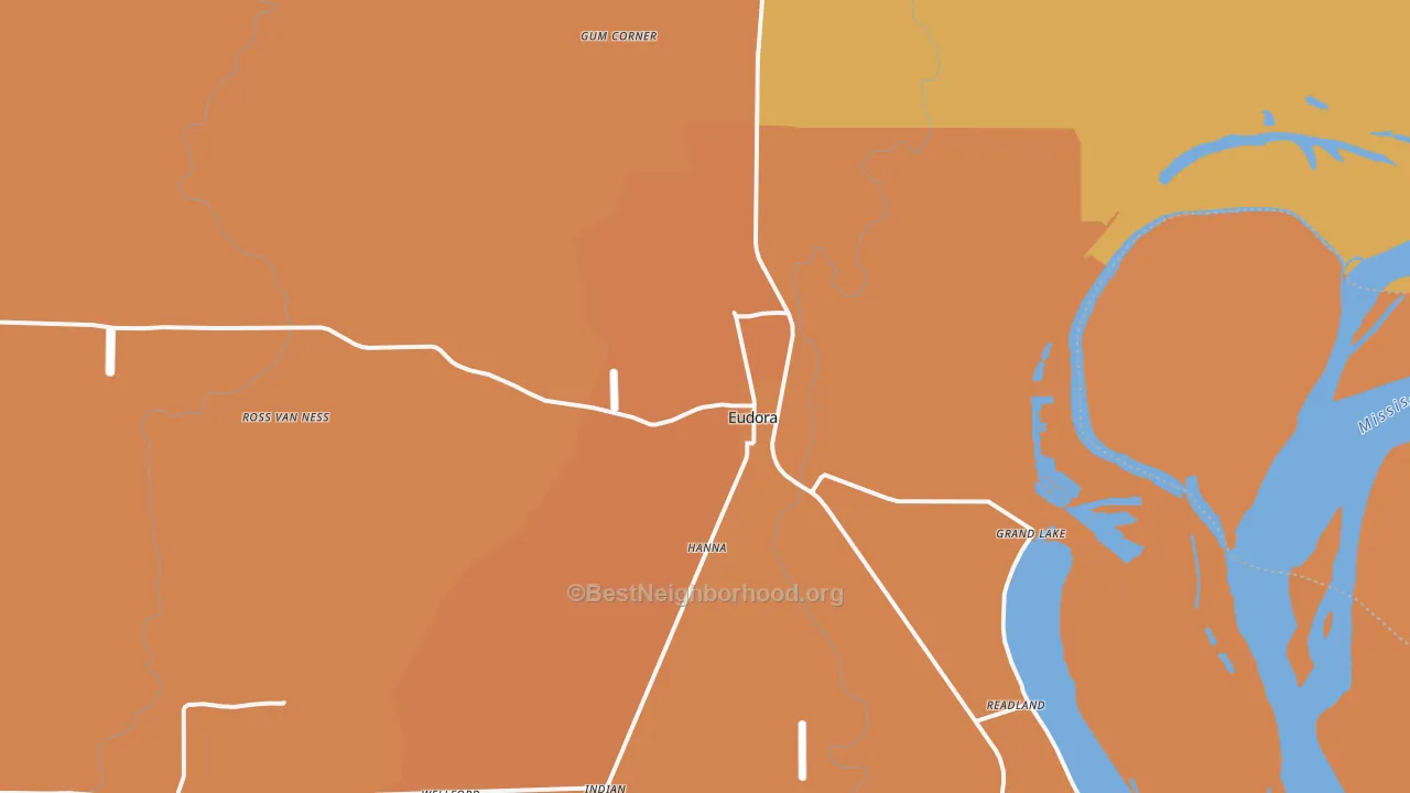 Map of the best neighborhoods in the 71640 area, with better matches in green and worse matches in red