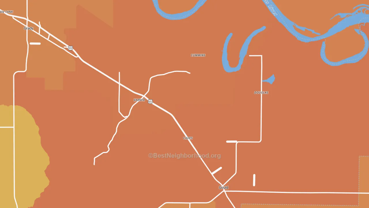 Map of the best neighborhoods in the 71643 area, with better matches in green and worse matches in red