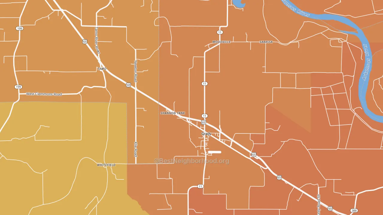 Map of the best neighborhoods in the 71644 area, with better matches in green and worse matches in red
