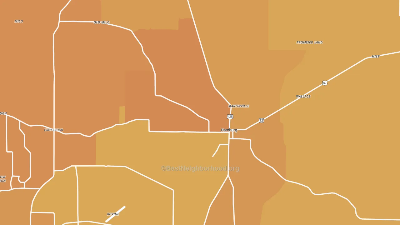 Map of the best neighborhoods in the 71646 area, with better matches in green and worse matches in red