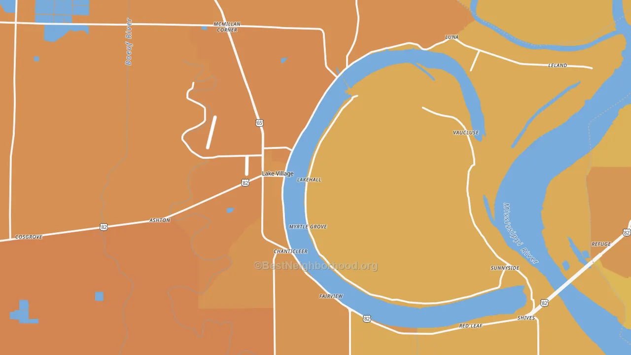 Map of the best neighborhoods in the 71653 area, with better matches in green and worse matches in red