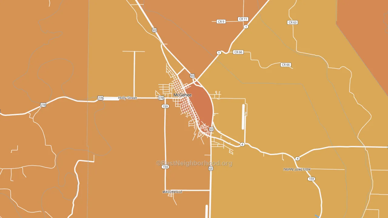 Map of the best neighborhoods in the 71654 area, with better matches in green and worse matches in red