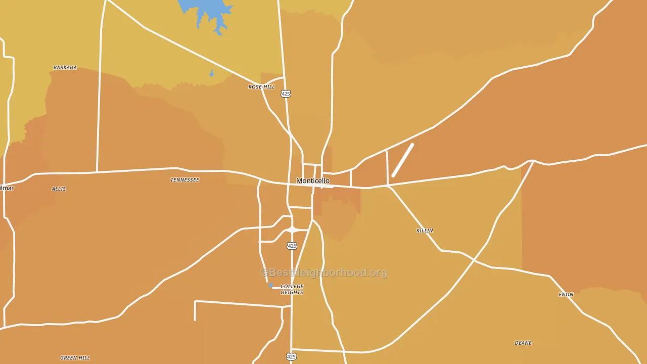Map of the best neighborhoods in the 71655 area, with better matches in green and worse matches in red