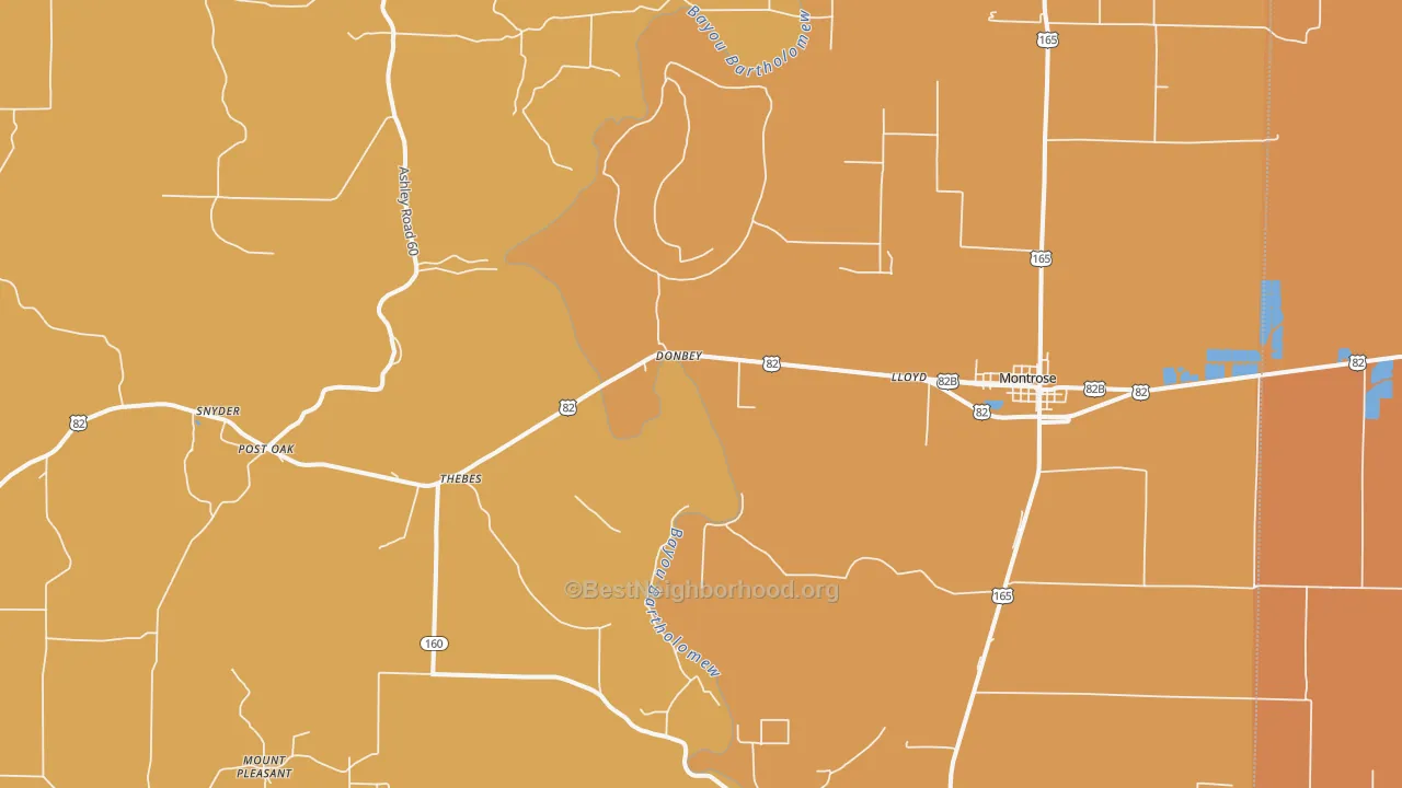 Map of the best neighborhoods in the 71658 area, with better matches in green and worse matches in red