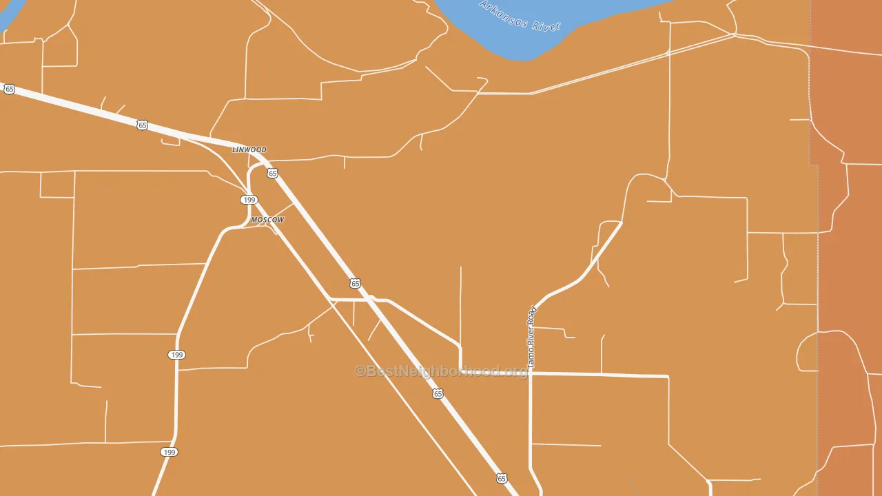 Map of the best neighborhoods in the 71659 area, with better matches in green and worse matches in red