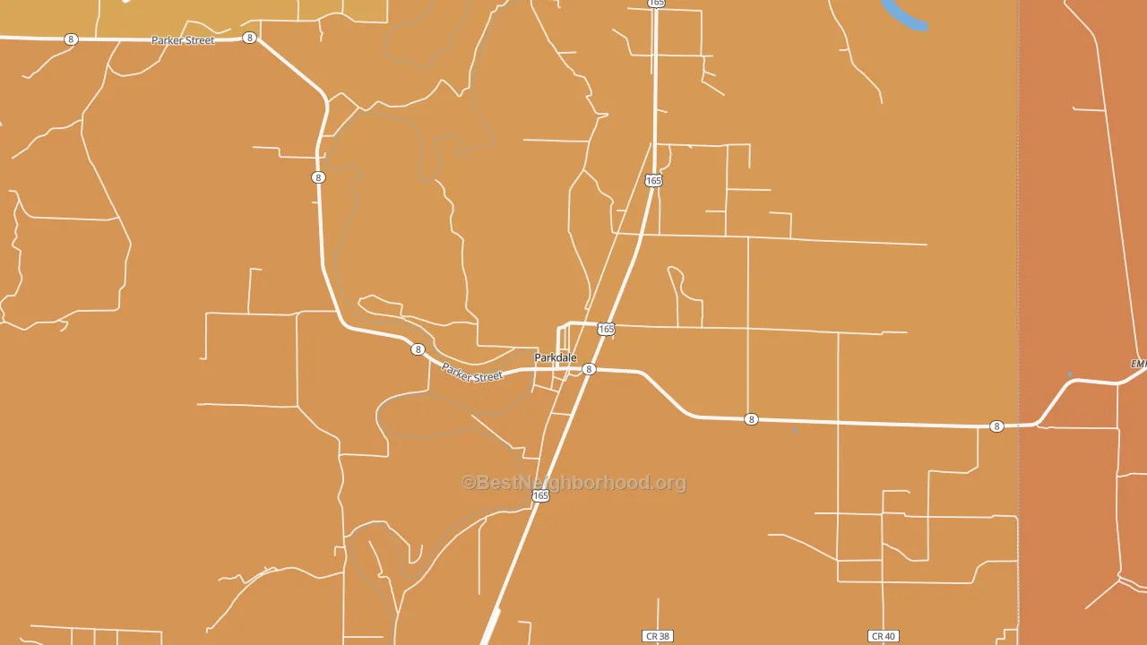 Map of the best neighborhoods in the 71661 area, with better matches in green and worse matches in red