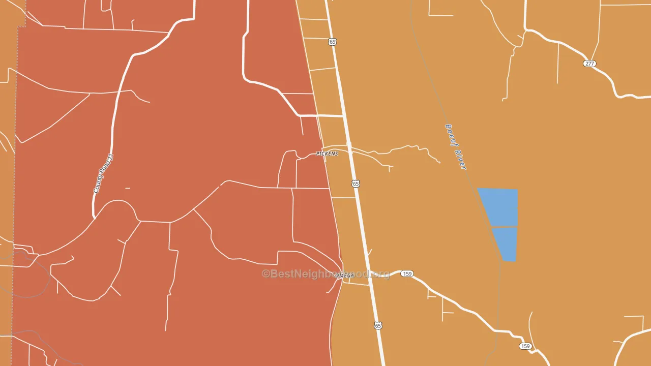 Map of the best neighborhoods in the 71662 area, with better matches in green and worse matches in red