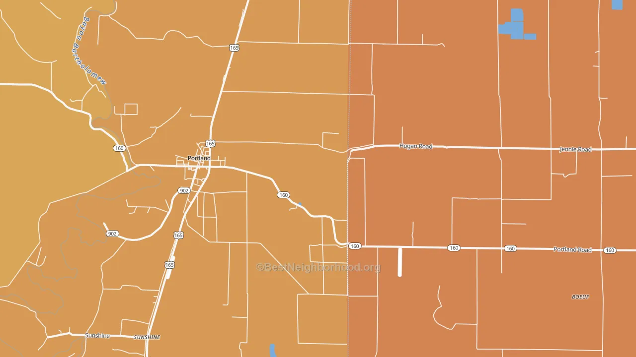 Map of the best neighborhoods in the 71663 area, with better matches in green and worse matches in red