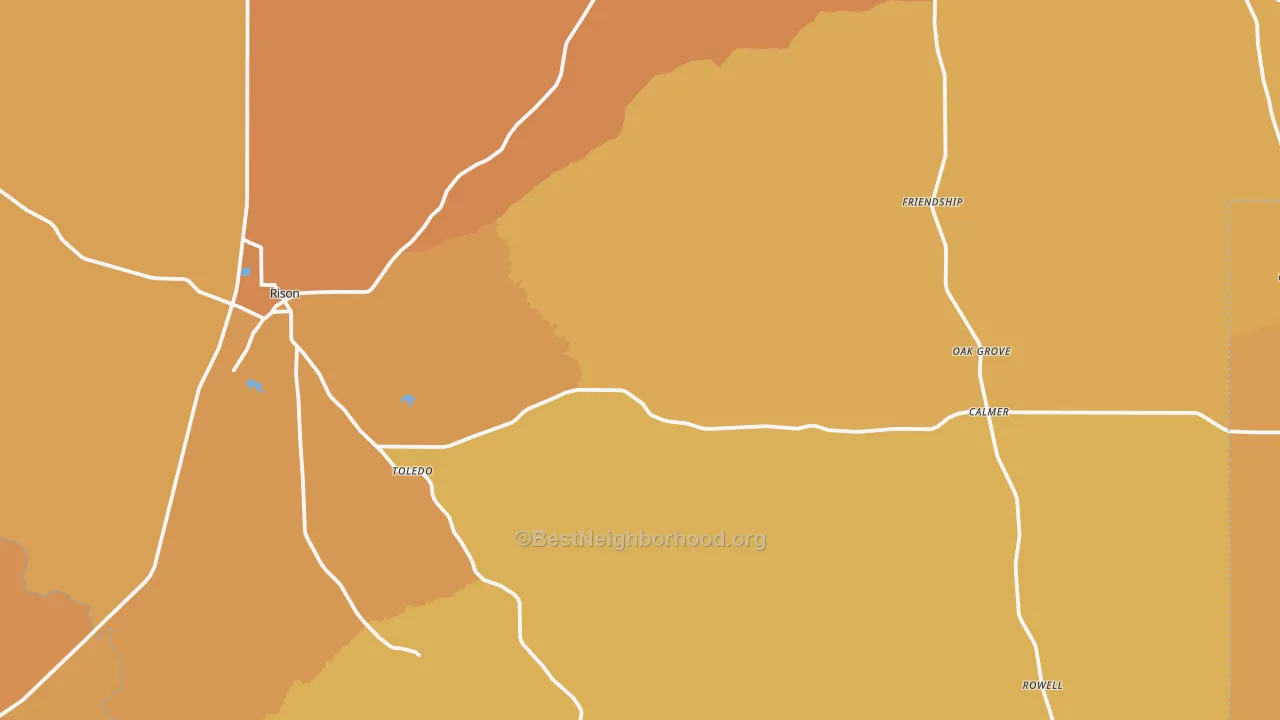 Map of the best neighborhoods in the 71665 area, with better matches in green and worse matches in red