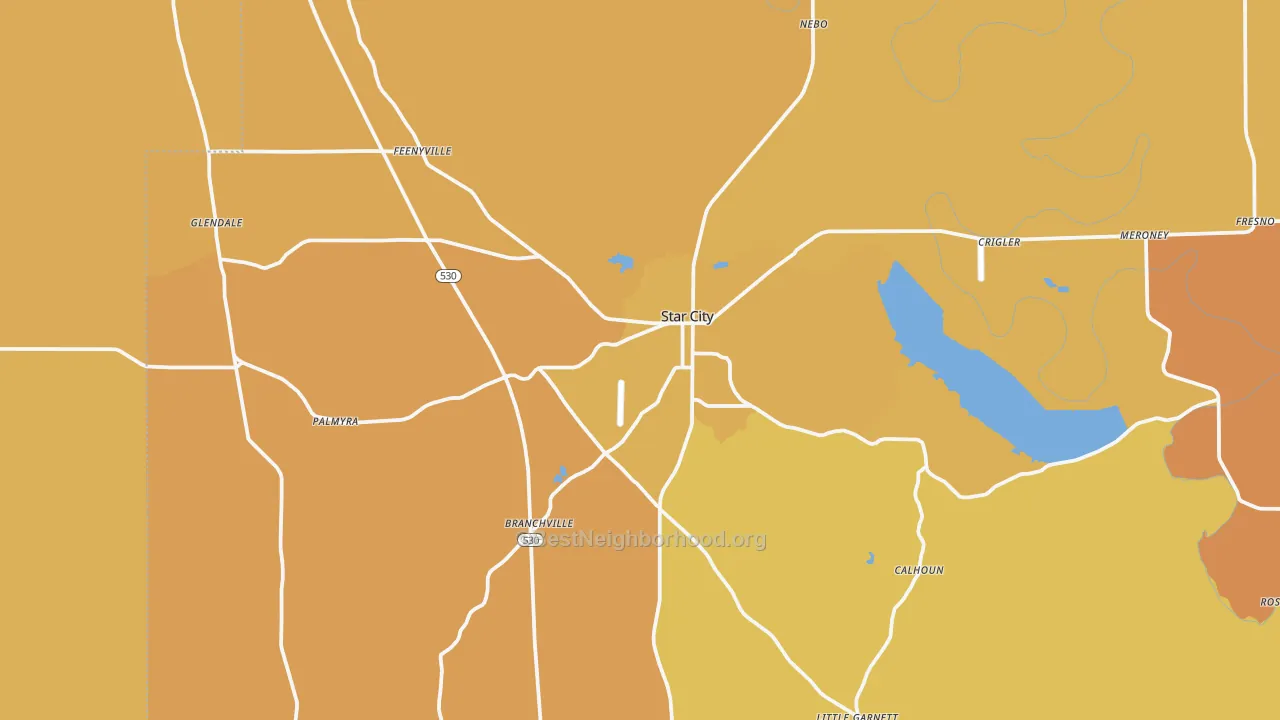 Map of the best neighborhoods in the 71667 area, with better matches in green and worse matches in red