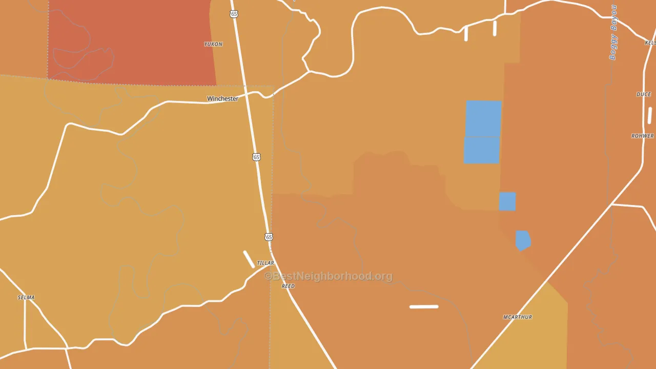 Map of the best neighborhoods in the 71670 area, with better matches in green and worse matches in red