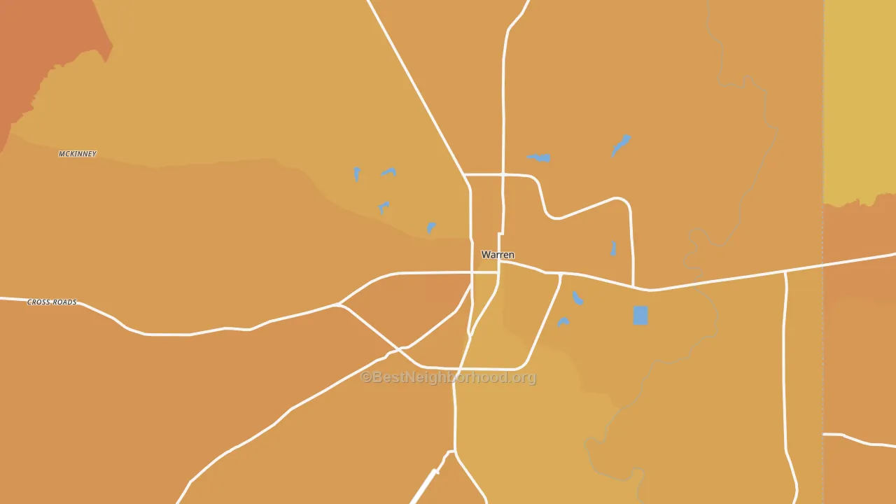 Map of the best neighborhoods in the 71671 area, with better matches in green and worse matches in red