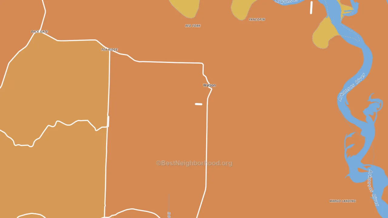 Map of the best neighborhoods in the 71674 area, with better matches in green and worse matches in red