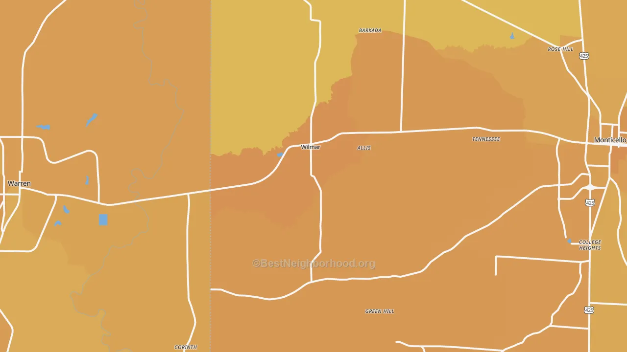 Map of the best neighborhoods in the 71675 area, with better matches in green and worse matches in red