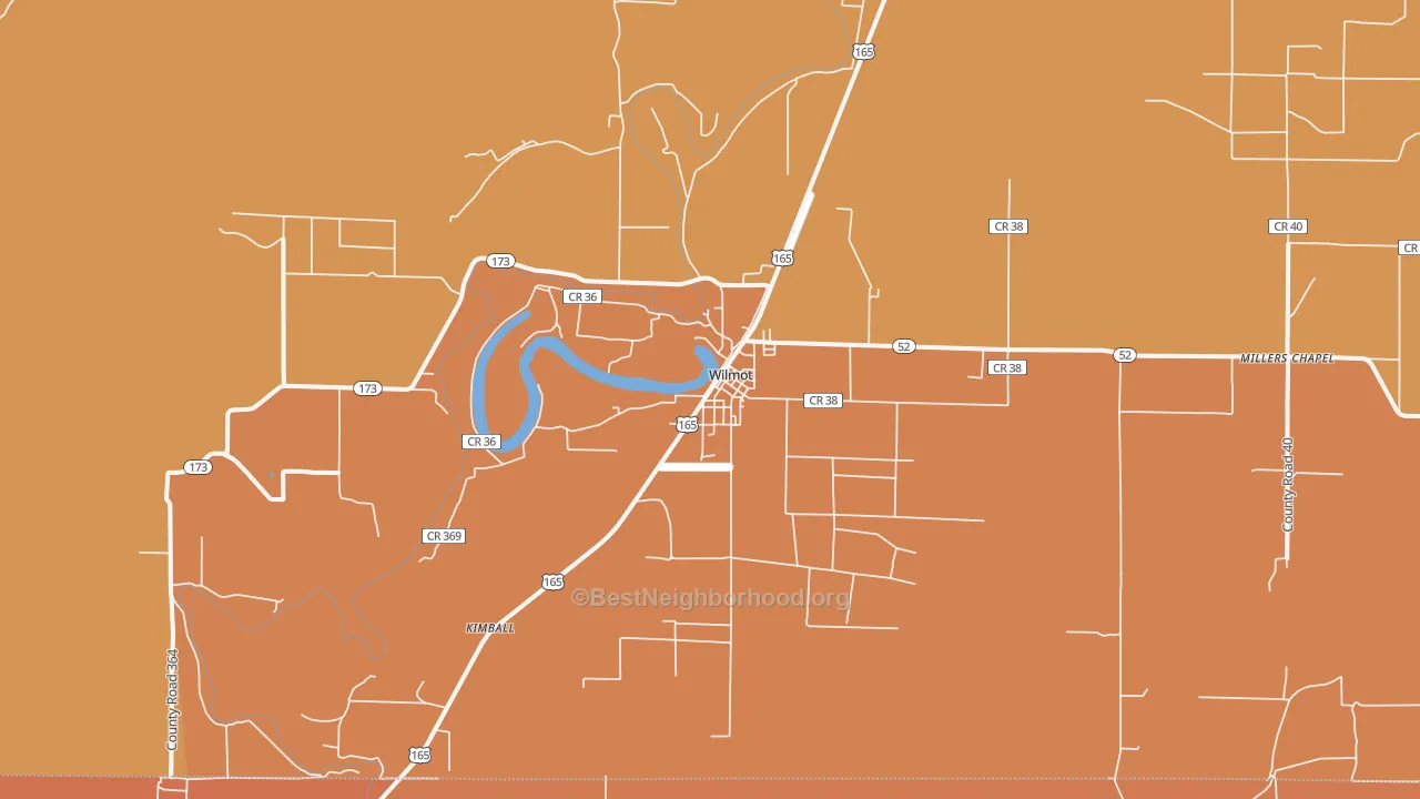 Map of the best neighborhoods in the 71676 area, with better matches in green and worse matches in red