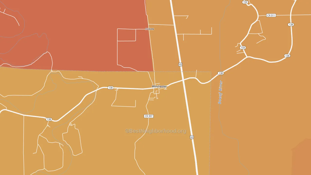 Map of the best neighborhoods in the 71677 area, with better matches in green and worse matches in red