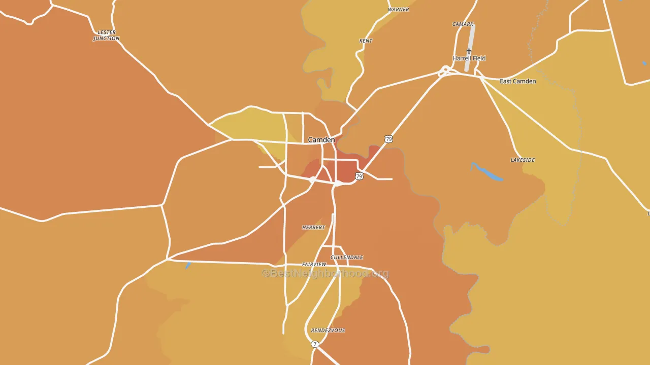 Map of the best neighborhoods in the 71701 area, with better matches in green and worse matches in red