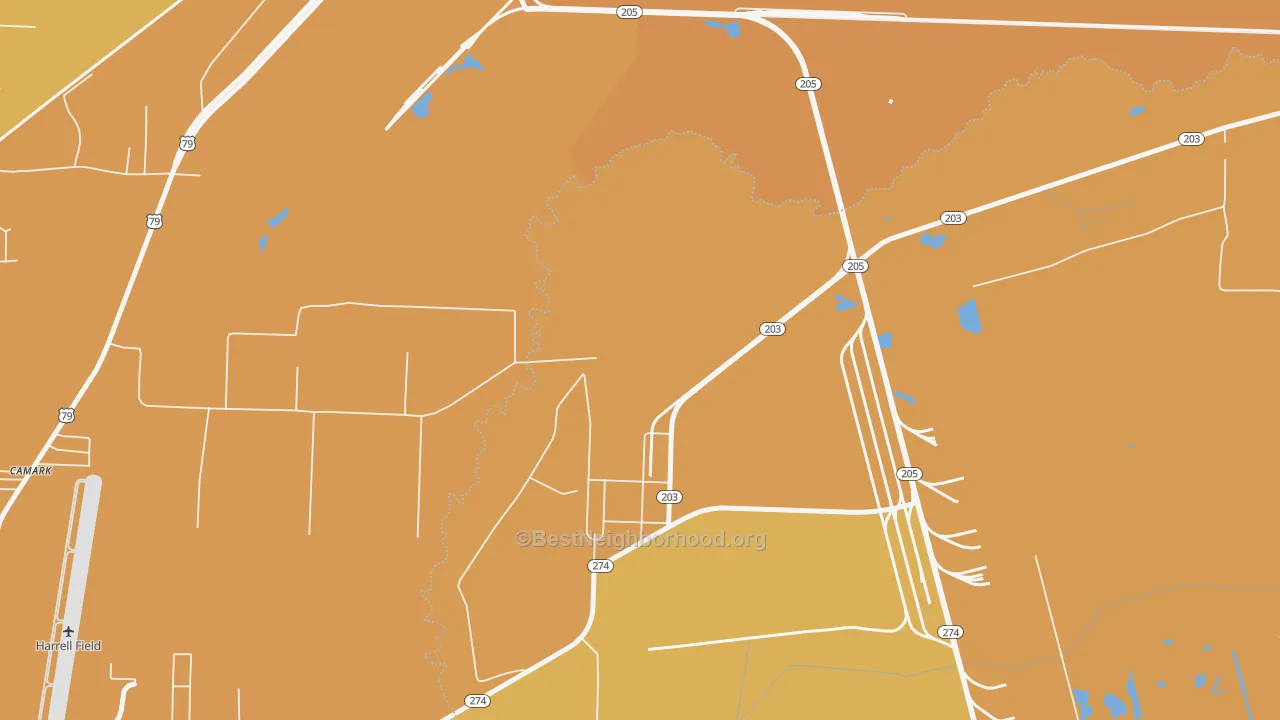 Map of the best neighborhoods in the 71711 area, with better matches in green and worse matches in red