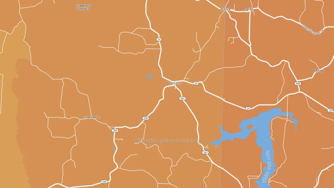 Map of the best neighborhoods in the 71722 area, with better matches in green and worse matches in red